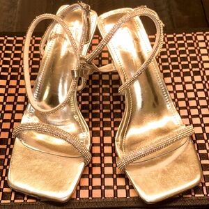 New square toe rhinestone straps heels